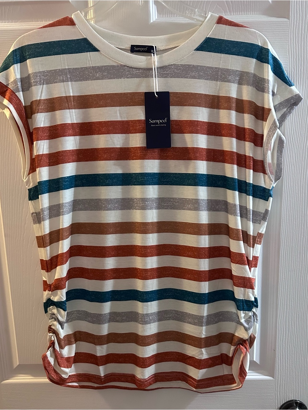 Sampeet Striped Short Sleeve Tee in Cream with Rust & Teal Stripes